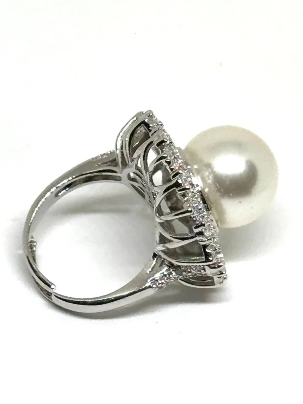High quality fashion ring, silver plate, lots of CZs, imitation pearl adjustable